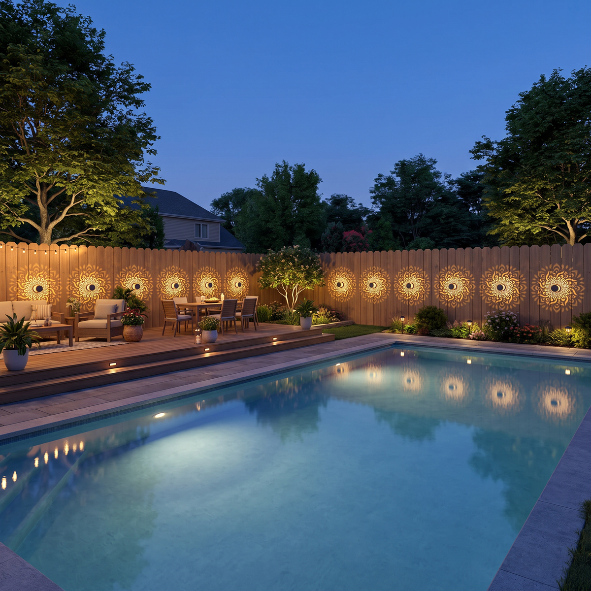 Whole backyard and deck lit by the solar wall lights