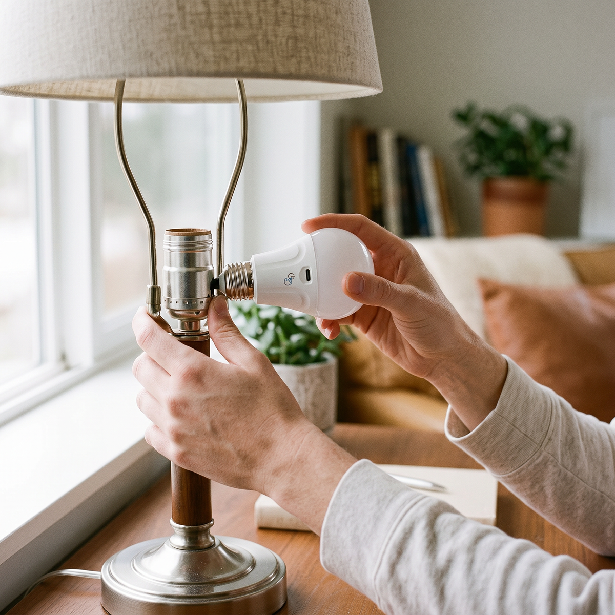 Hands screwing the bulb into a lamp socket