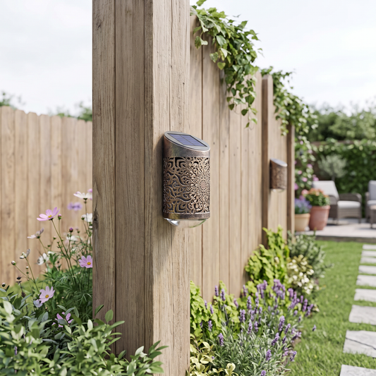 Solar fence light mounted on a fence in daylight