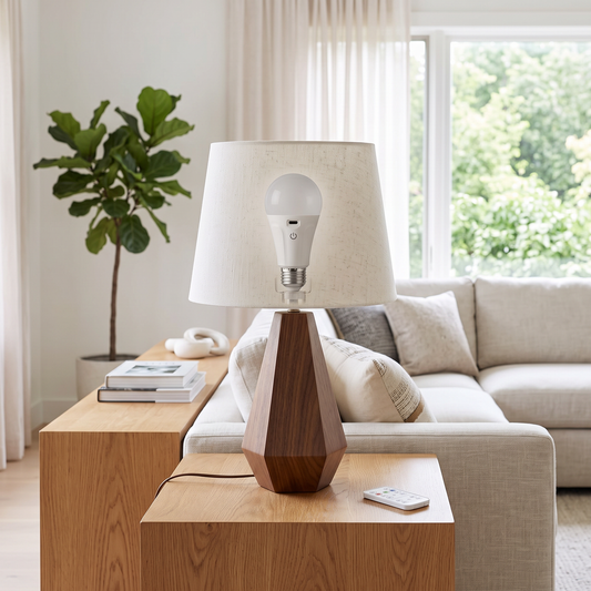 Rechargeable bulb in a lamp in a bright living room