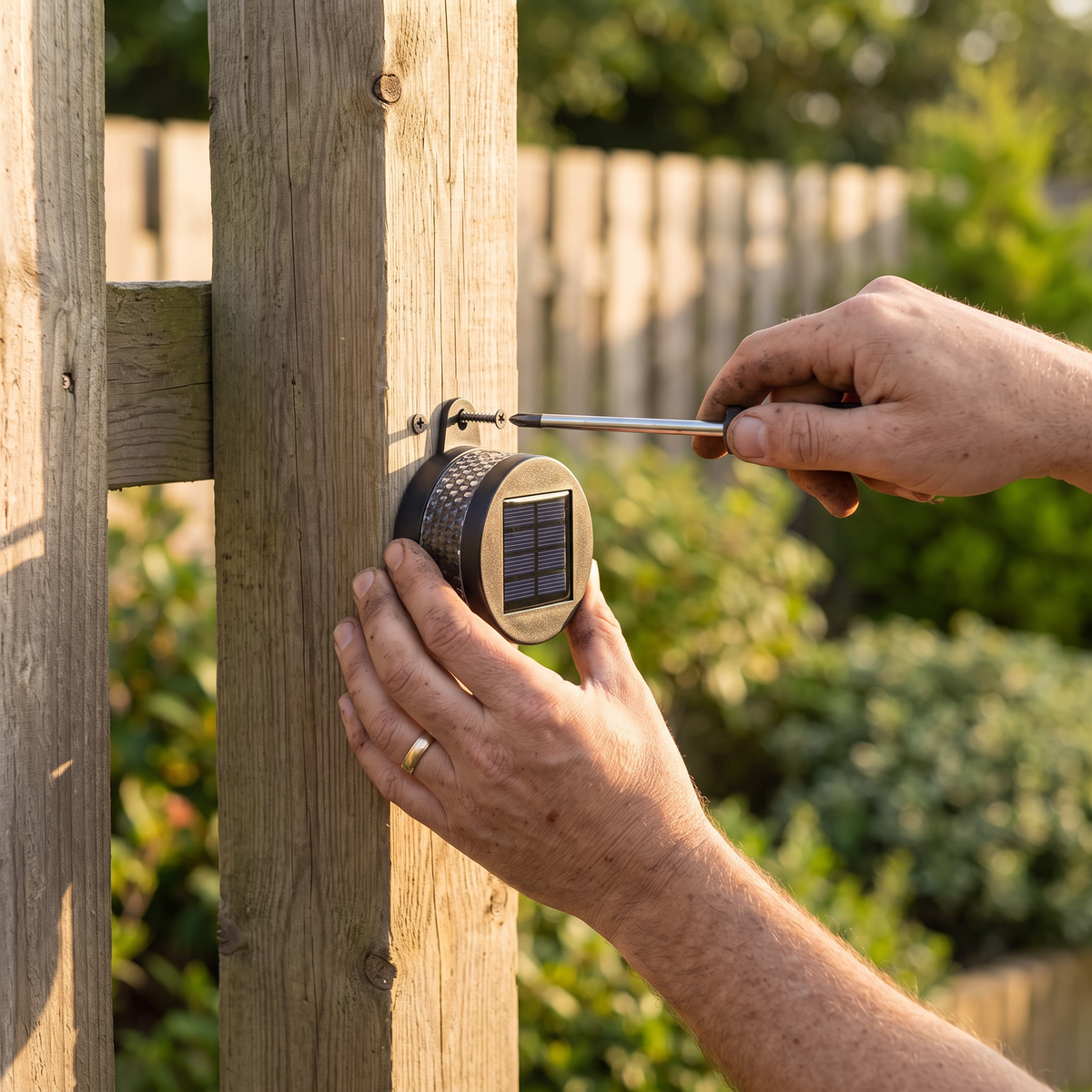 Hands mounting the light on a fence post