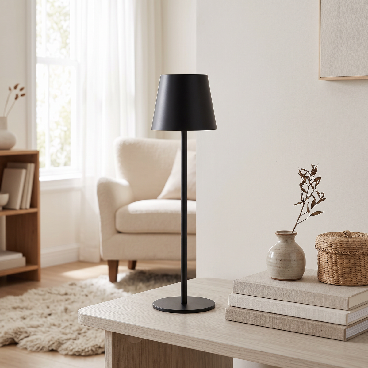 Cordless table lamp on a side table in daylight