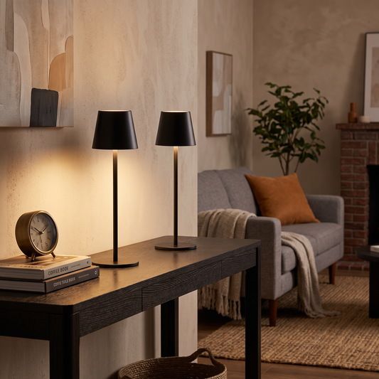 Cordless black table lamp glowing in a living room