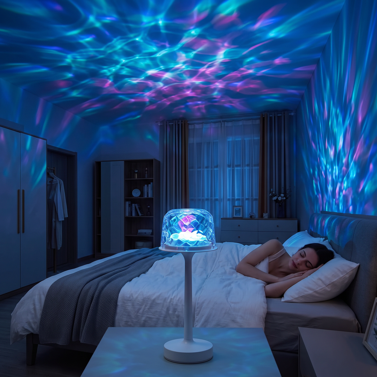 Bedroom at night with ocean light across the walls