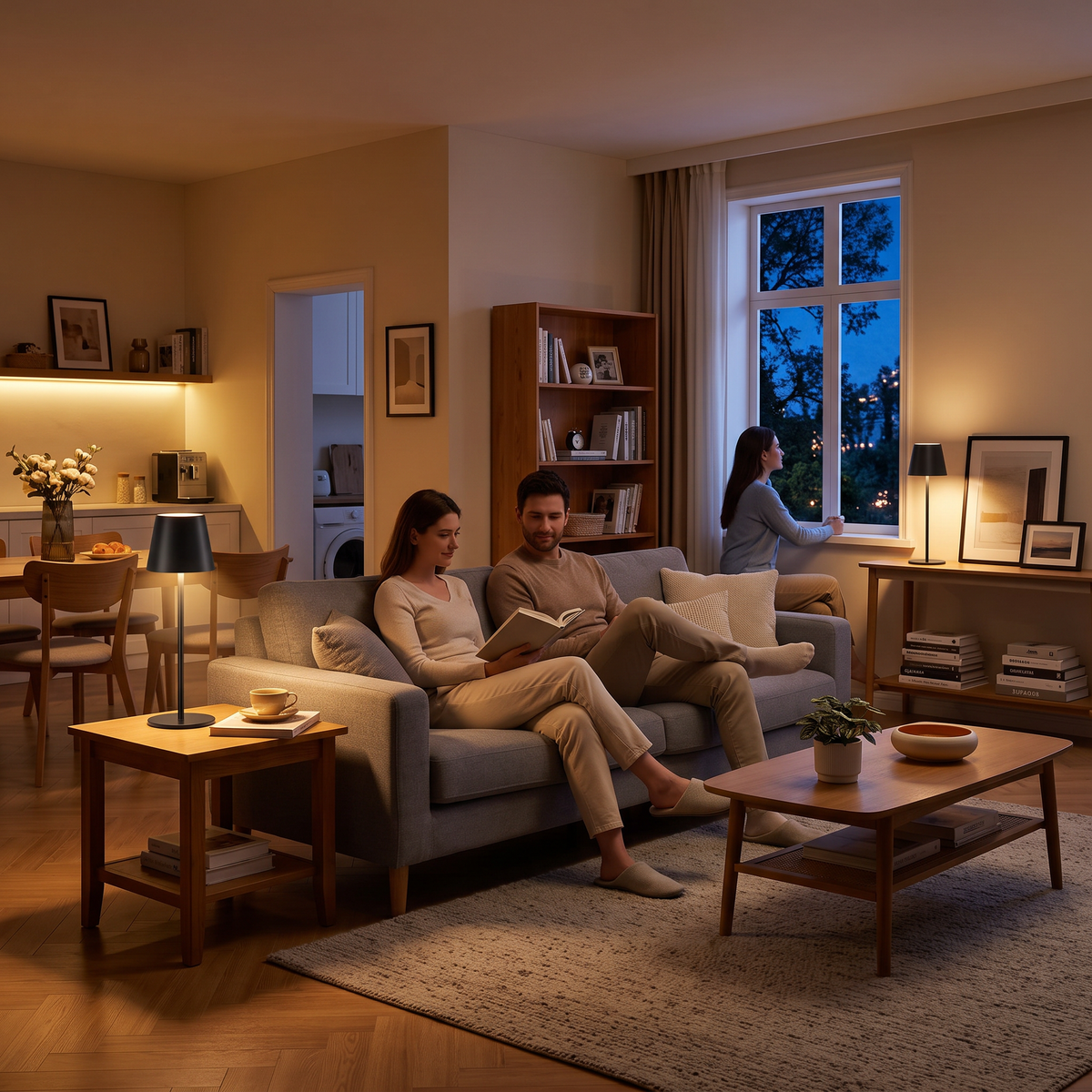 Living room in the evening lit by the pair of lamps