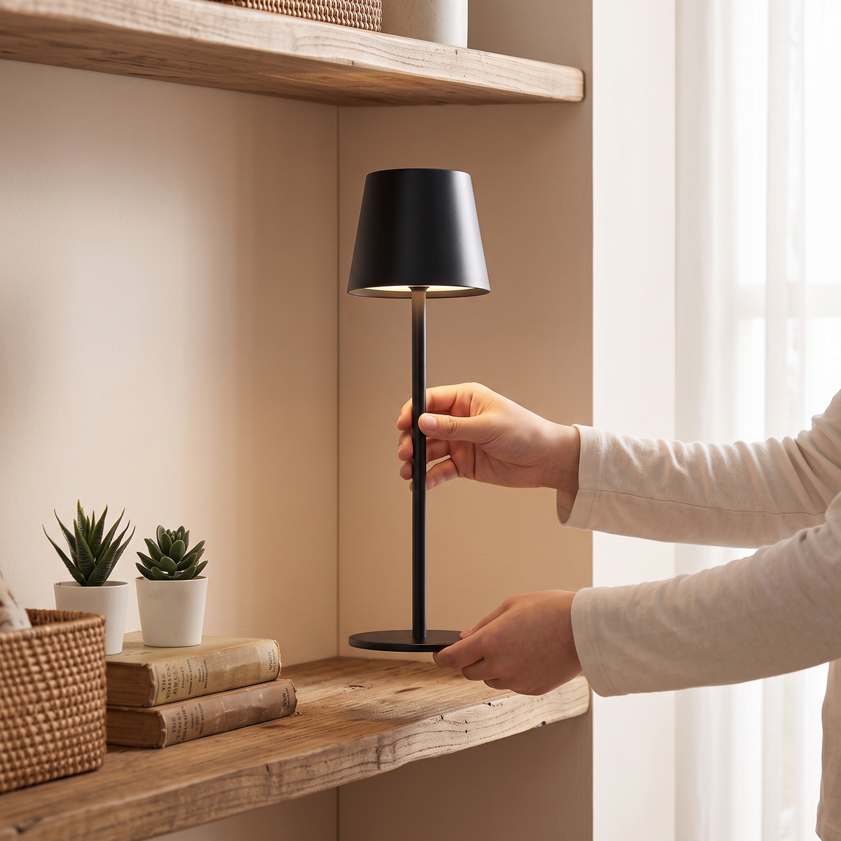 Hands placing the cordless lamp on a shelf