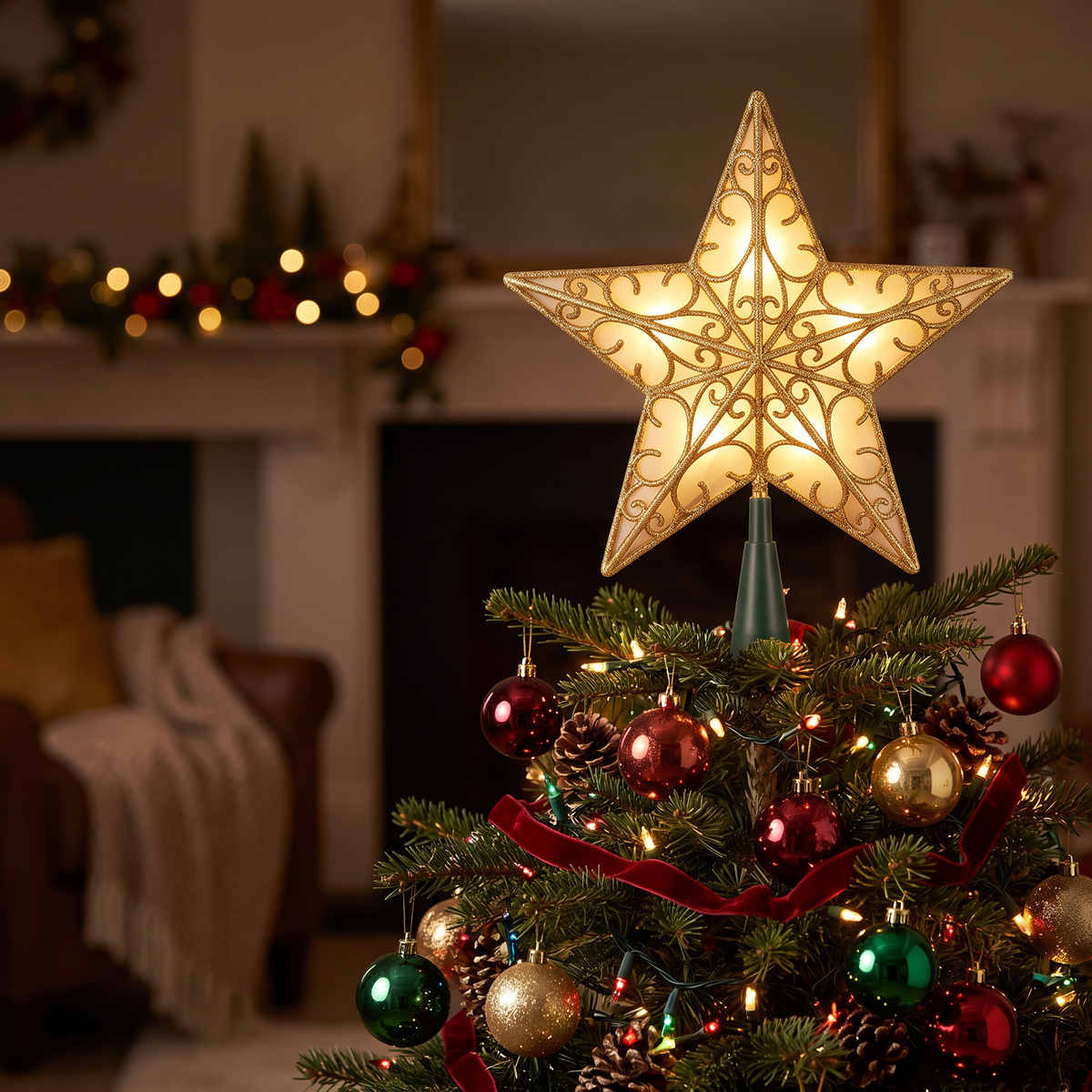 Lit gold star topper on a decorated Christmas tree