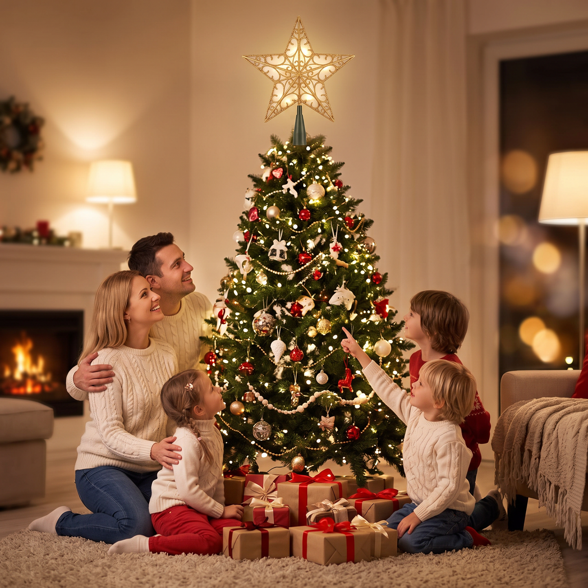 Family around the tree with the lit star on top