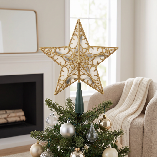 Gold star tree topper on the tree in daylight