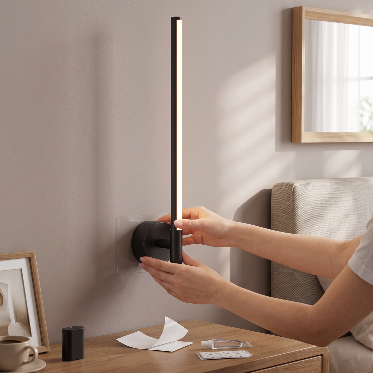 Hands mounting the sconce with no wiring