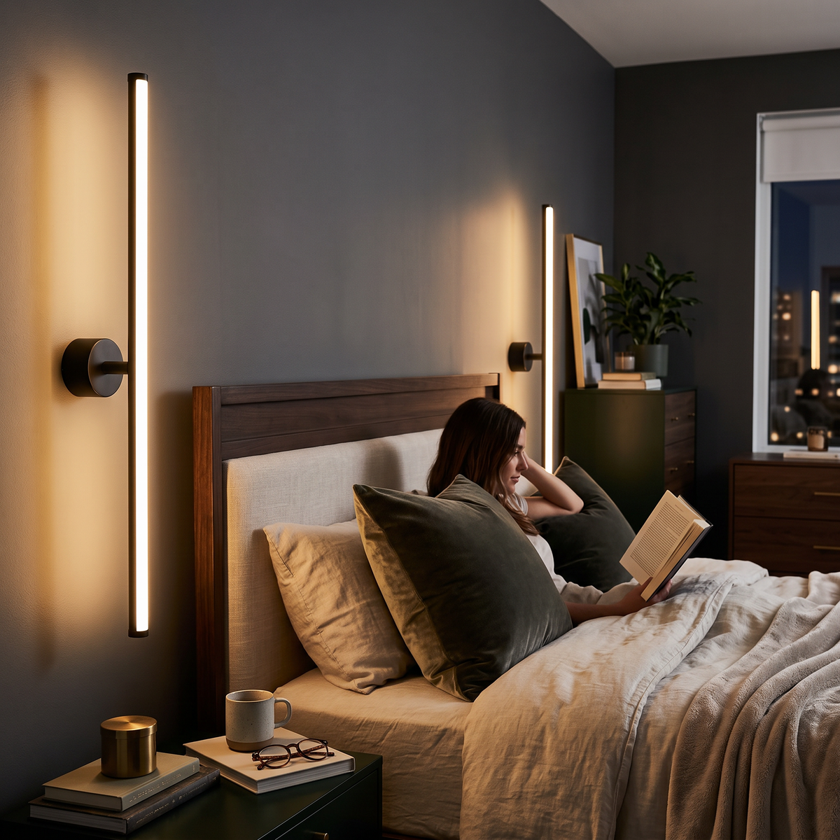 Pair of battery wall sconces glowing beside a bed