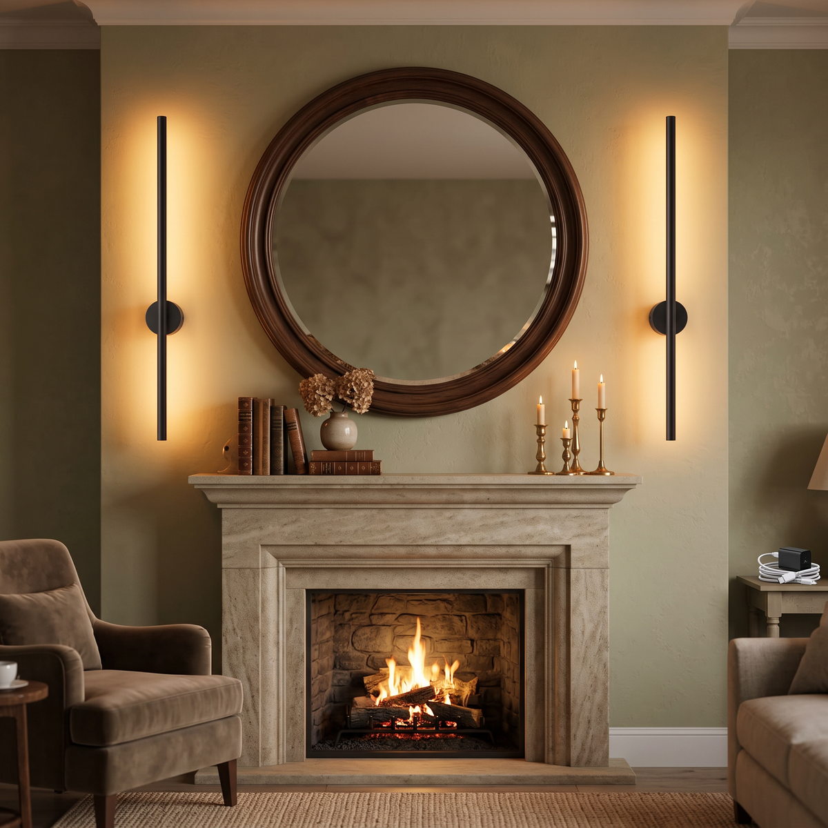 Both sconces of the set flanking a fireplace