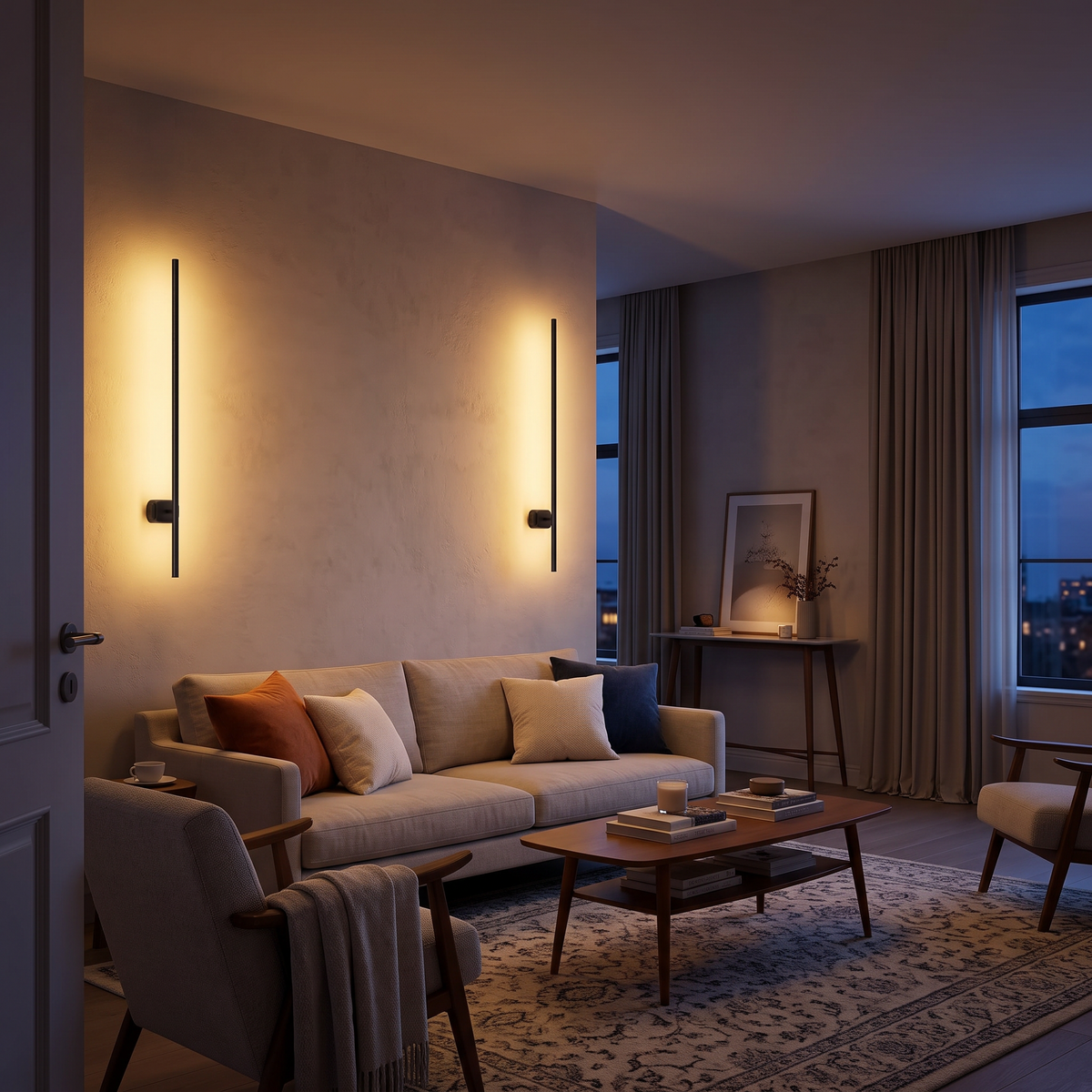 Living room in the evening lit by the sconces