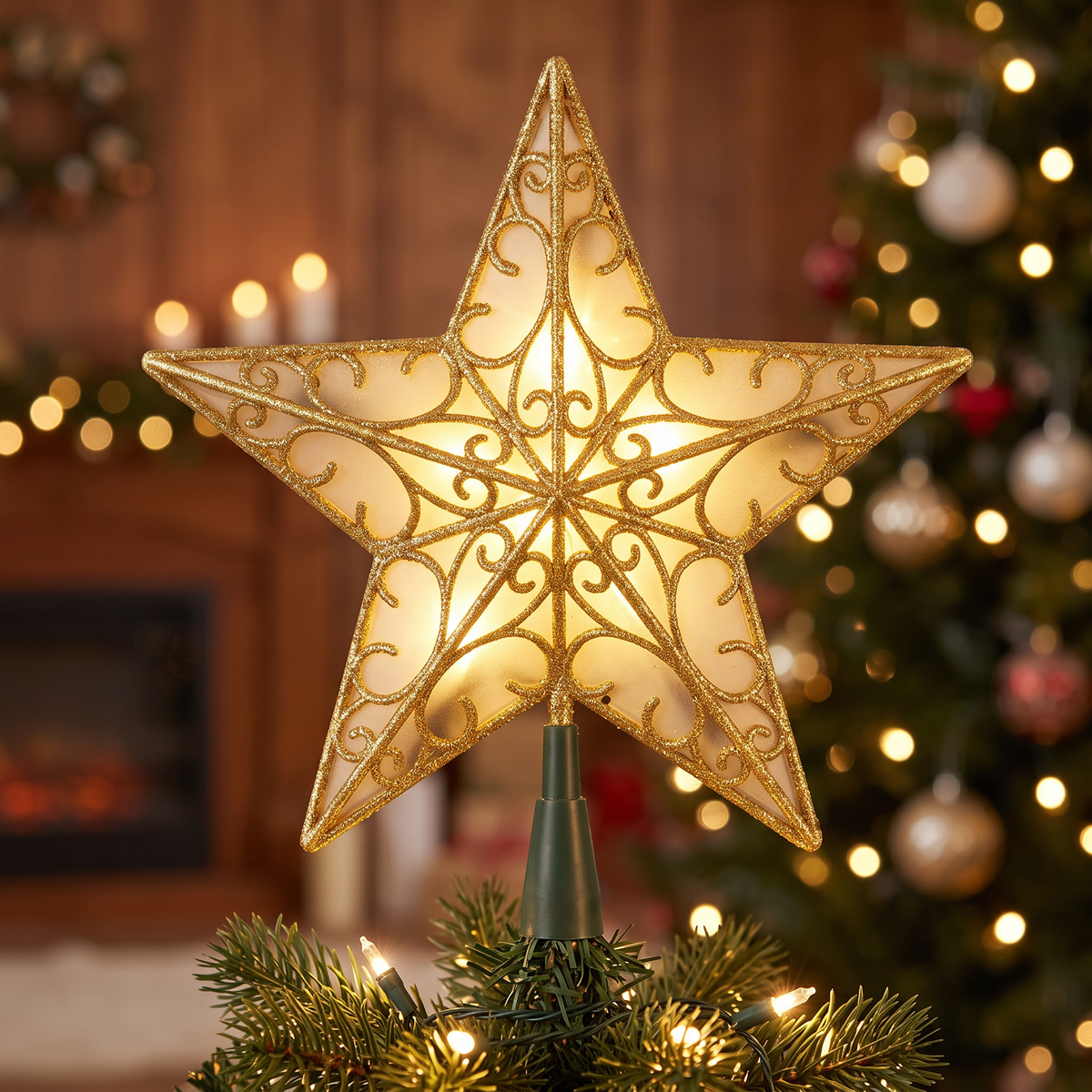 Close-up of the gold openwork star and warm glow