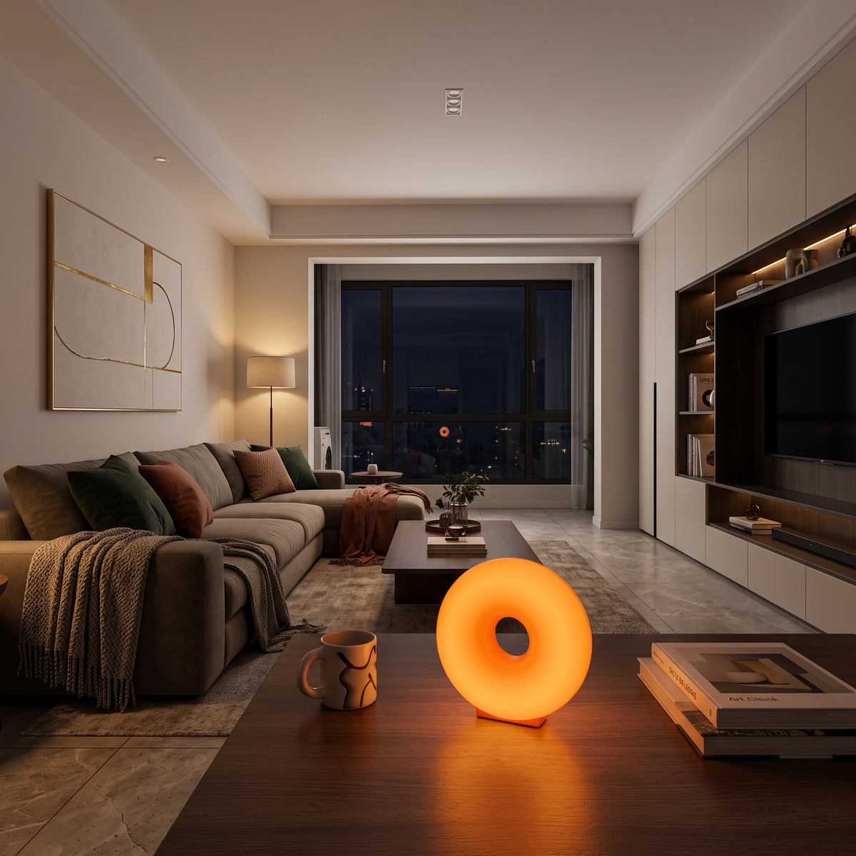 Modern living room in the evening with the donut lamp