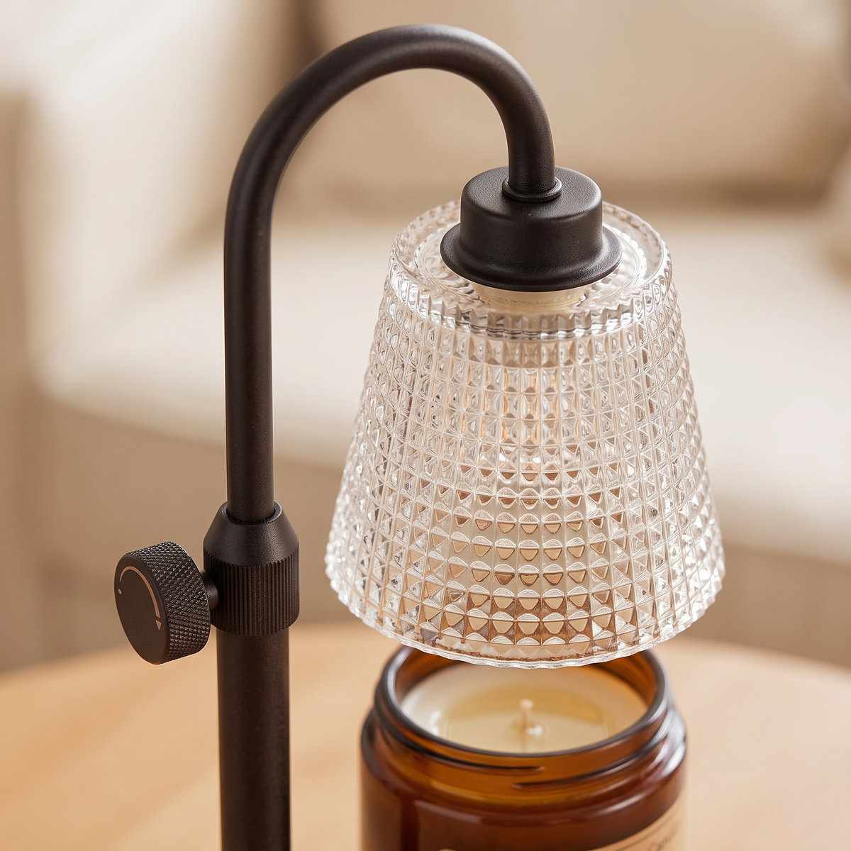 Close-up of the lamp head above the candle jar
