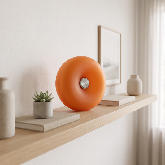 Orange donut lamp on a shelf in daylight
