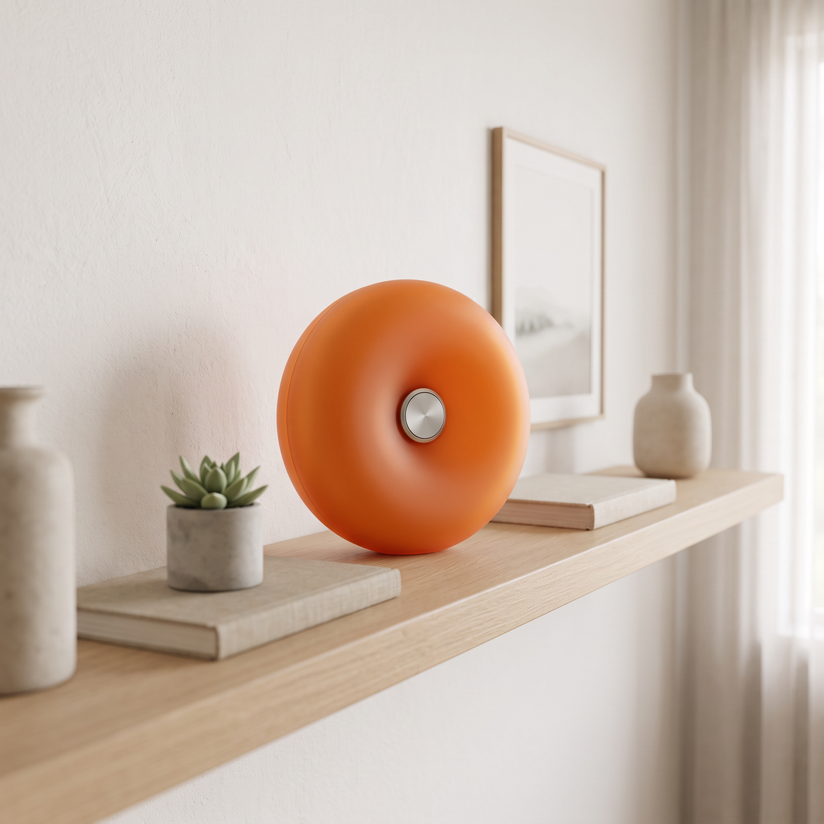 Orange donut lamp on a shelf in daylight