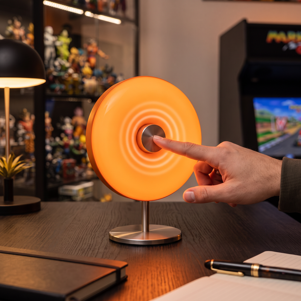 Hand touching the lamp to dim it