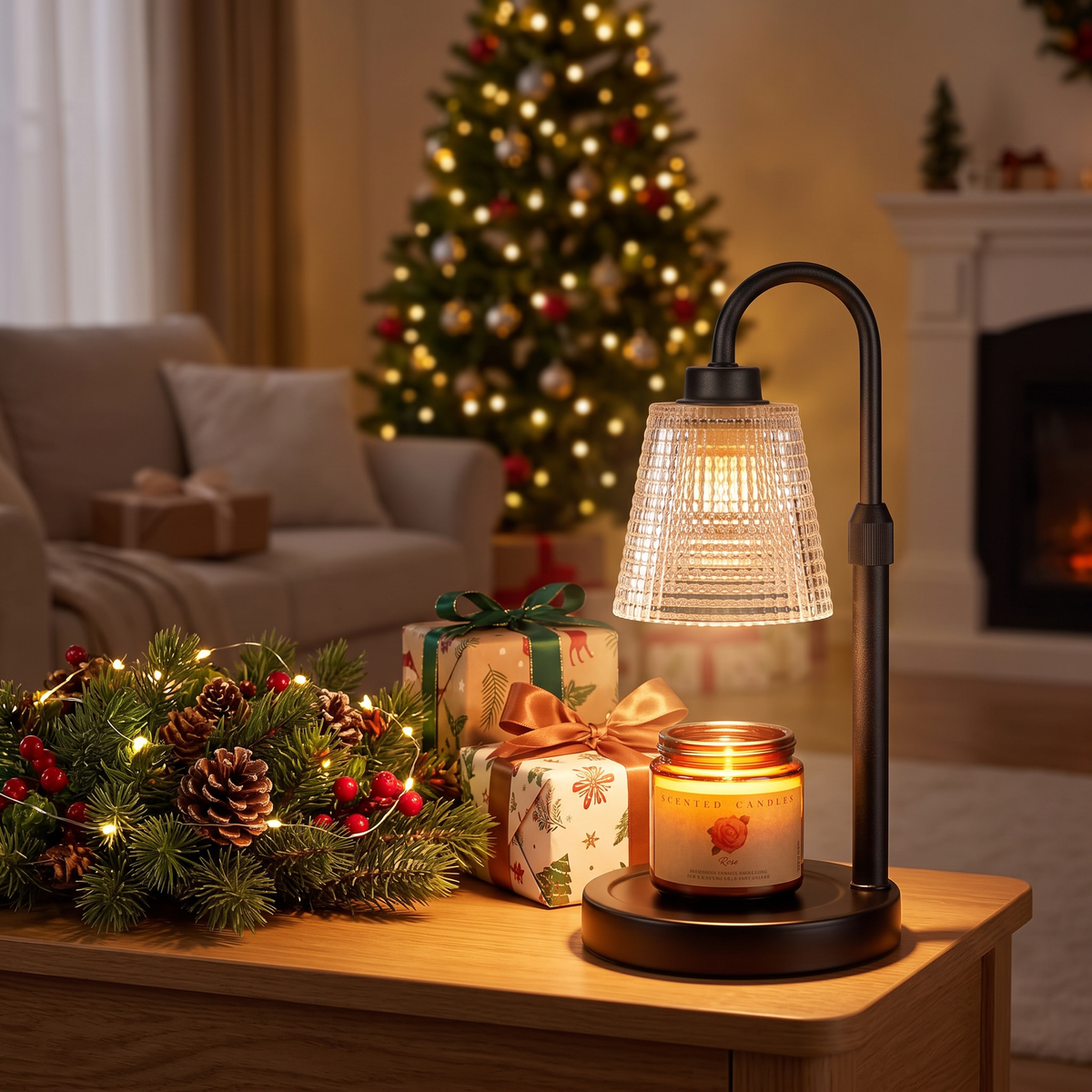 Candle warmer lamp as a gift with wrapped presents