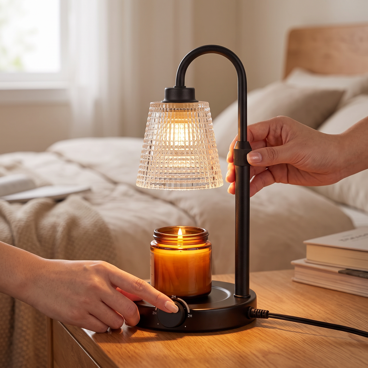 Hands adjusting the lamp height and timer