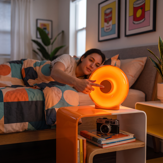 Orange donut lamp glowing on a bedside table