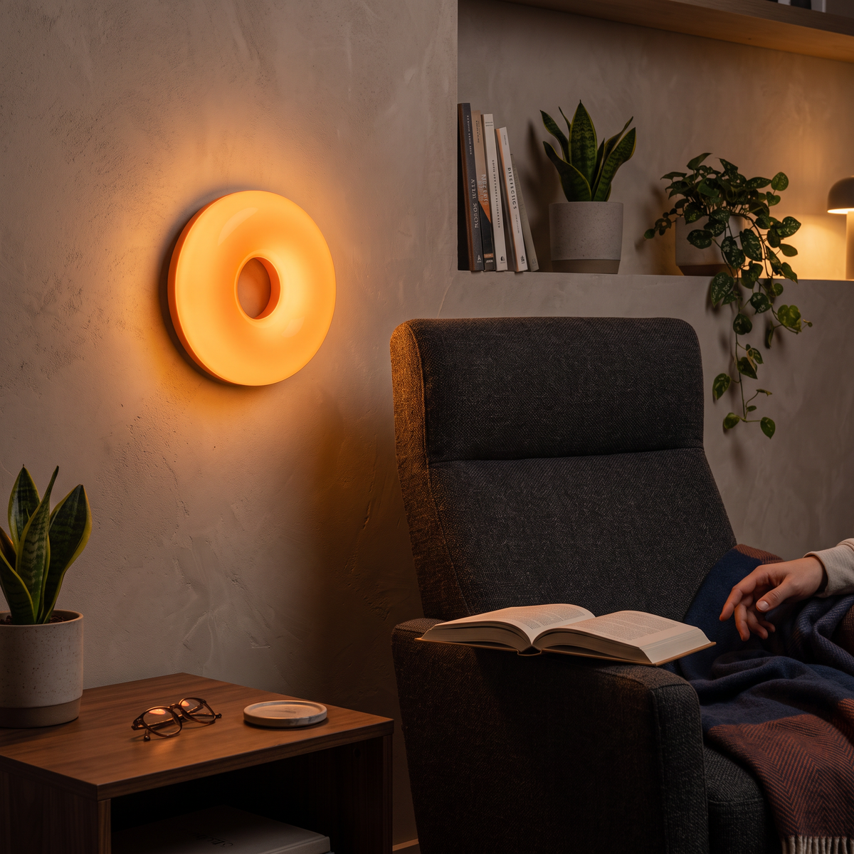 Donut lamp mounted on a wall beside a reading chair
