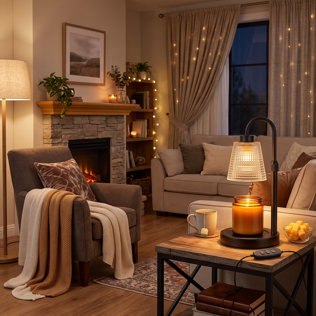 Cozy living room corner with the warmer lamp lit