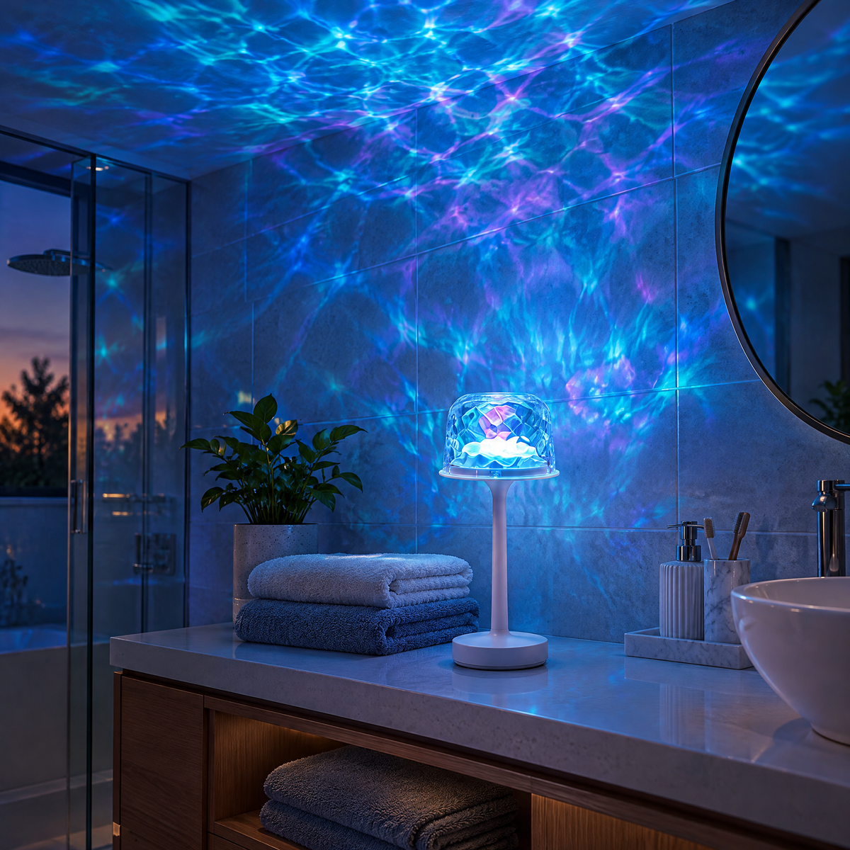 Ocean wave projector lamp on a bathroom vanity at dusk