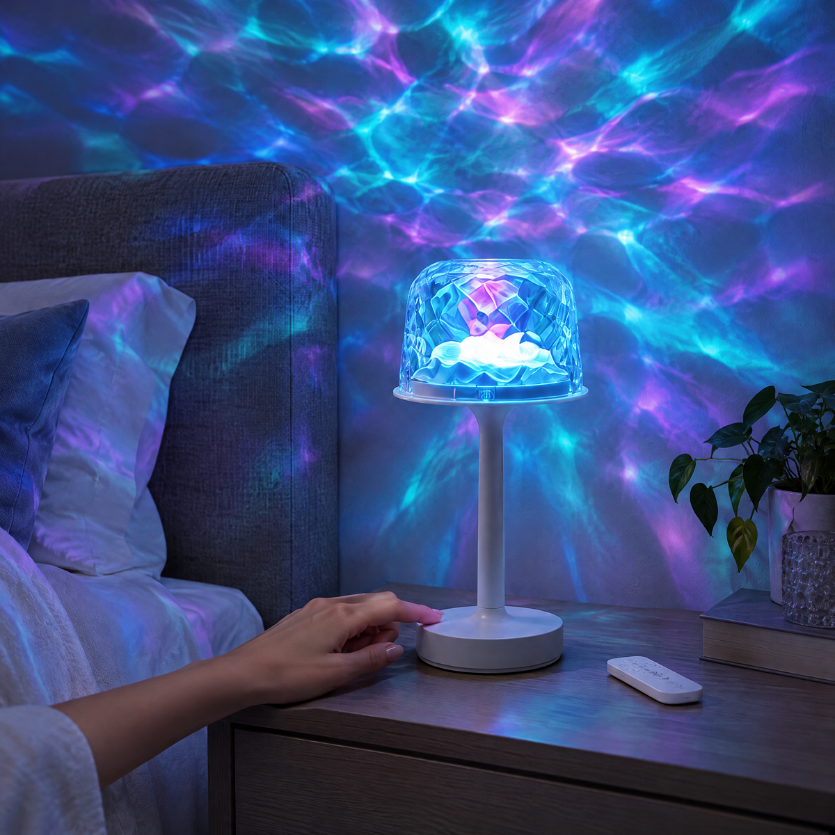 Touching the base of the ocean wave lamp on a bedroom nightstand with the remote beside it