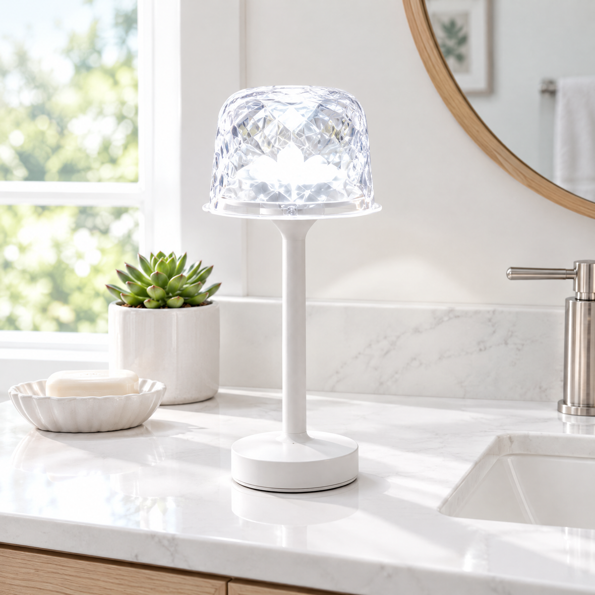 Ocean wave lamp in white light on a bathroom counter