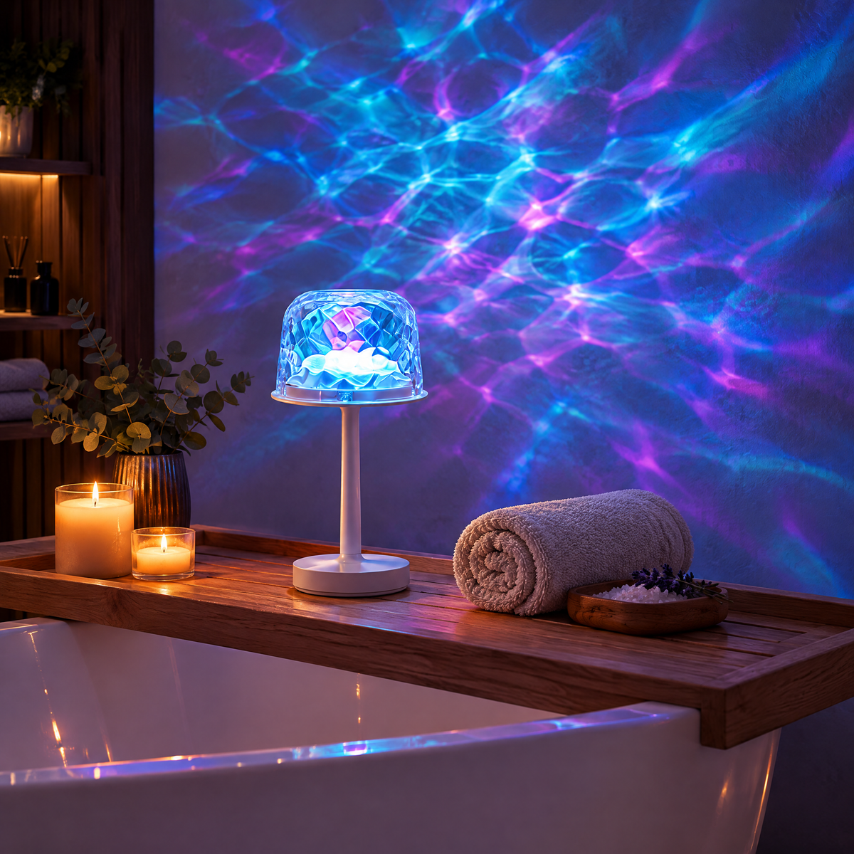 Ocean wave projector lamp on a bath tray with candles
