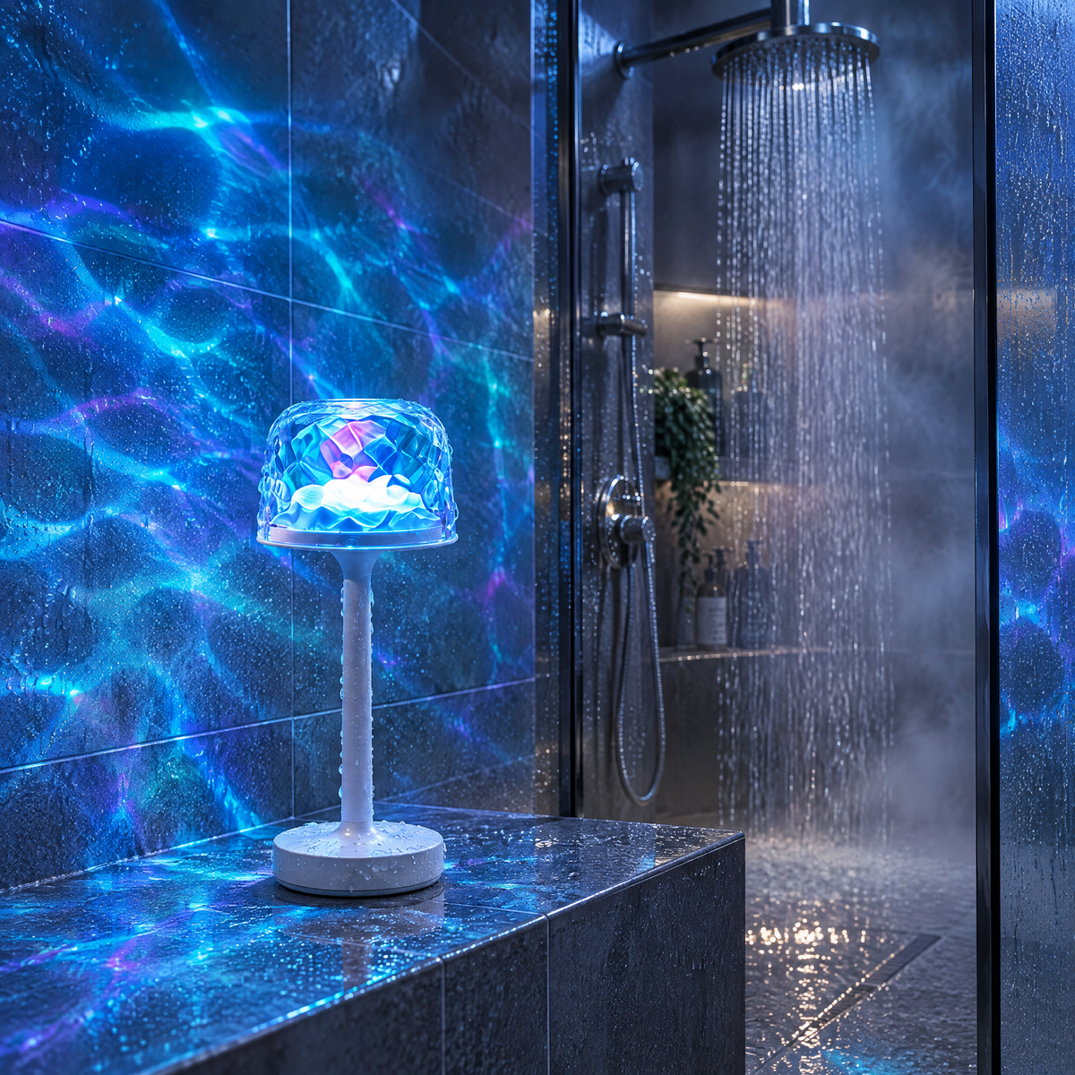 Ocean wave projector shower lamp on a shower ledge with water splashing nearby