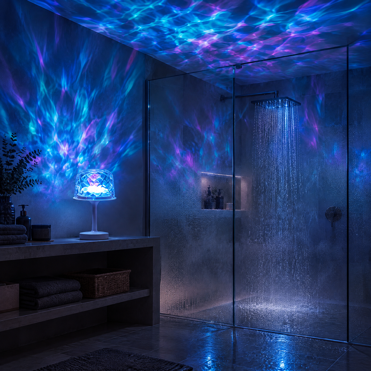 Ocean wave projector lamp on a bathroom shelf beside a running shower