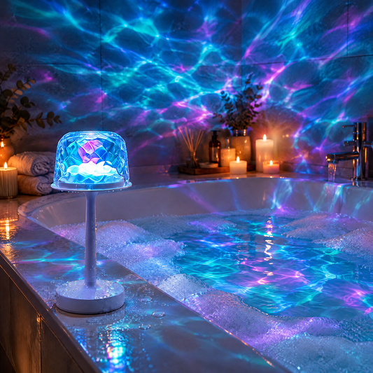 Ocean wave projector lamp on the edge of a filled bathtub with waves of light on the water