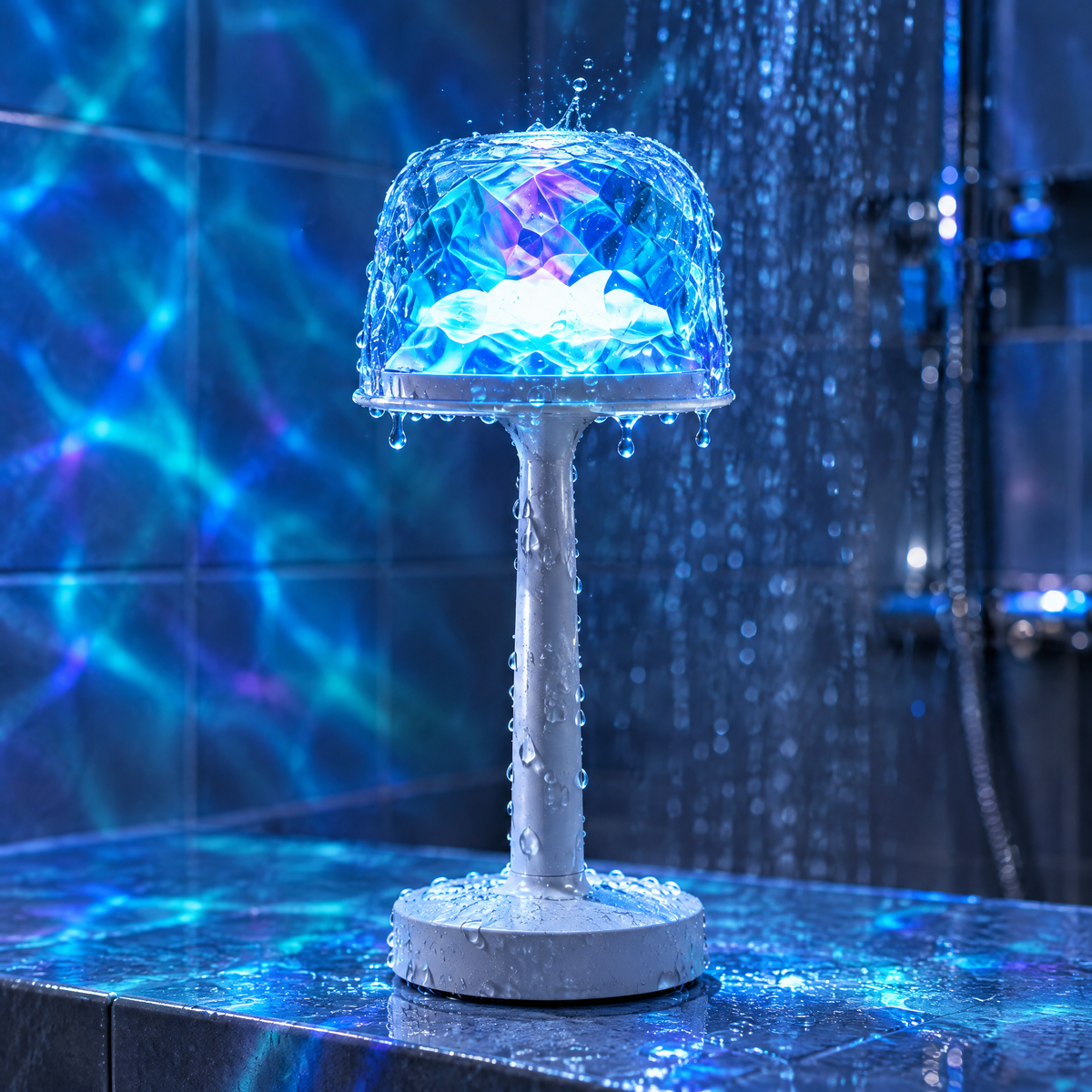 Close-up of the ocean wave projector lamp with water droplets in a shower