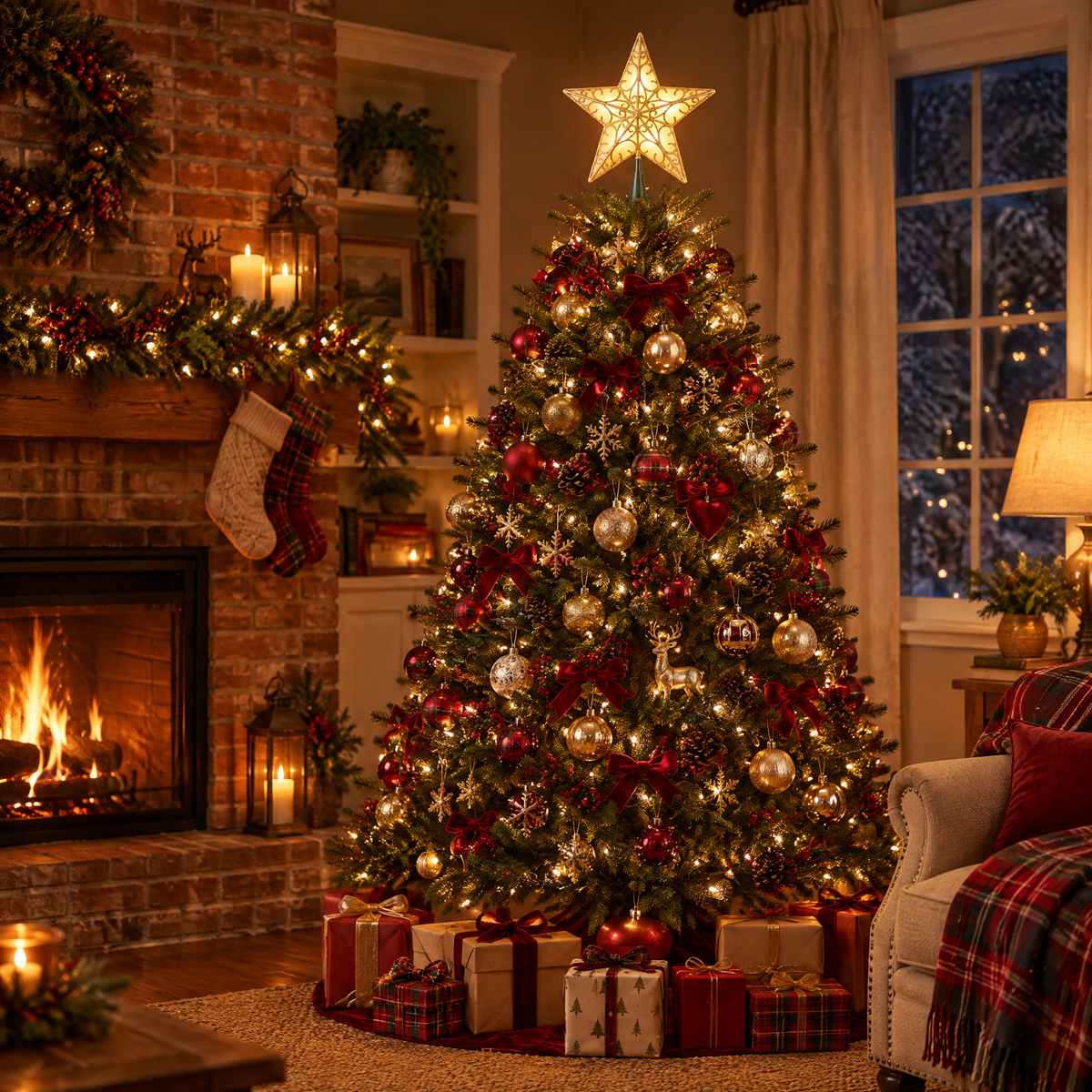 Gold star tree topper glowing on a decorated Christmas tree in a cozy living room at night