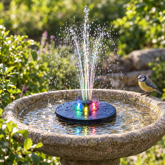 Solar bird bath fountain floating in a garden bird bath in daylight with a bird nearby