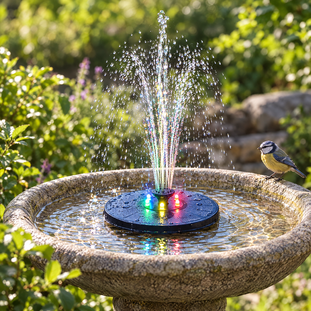 Solar bird bath fountain floating in a garden bird bath in daylight with a bird nearby