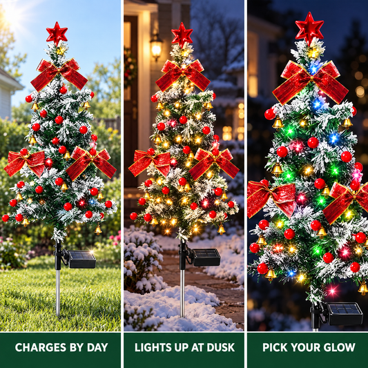 How the solar cedar tree light works: charges by day, lights up at dusk, pick your glow