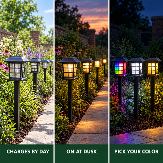 How BrightPath solar pathway lights work: charges by day, on at dusk, pick your color
