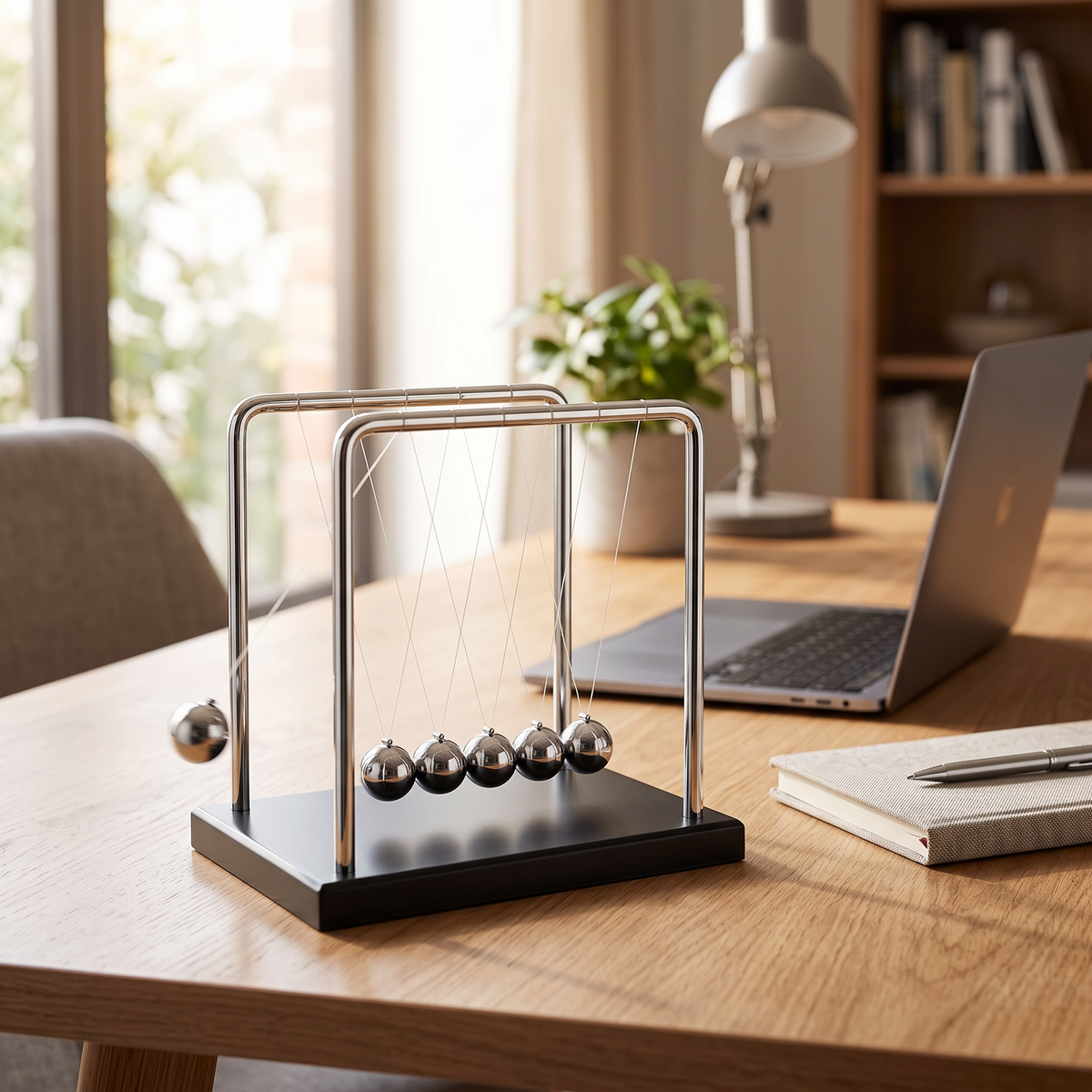 Newton's cradle in motion on a home office desk