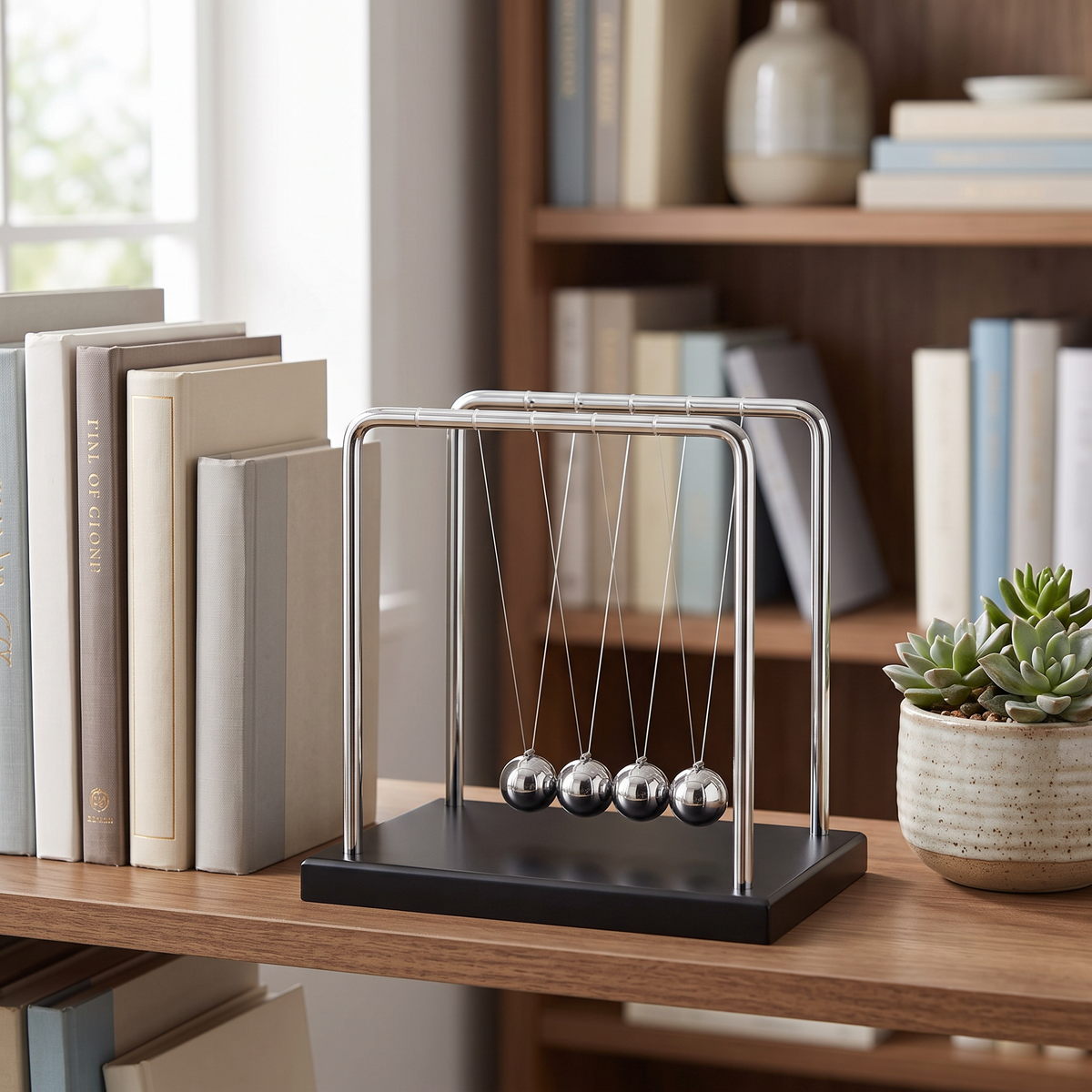 Newton's cradle at rest on a bookshelf in daylight