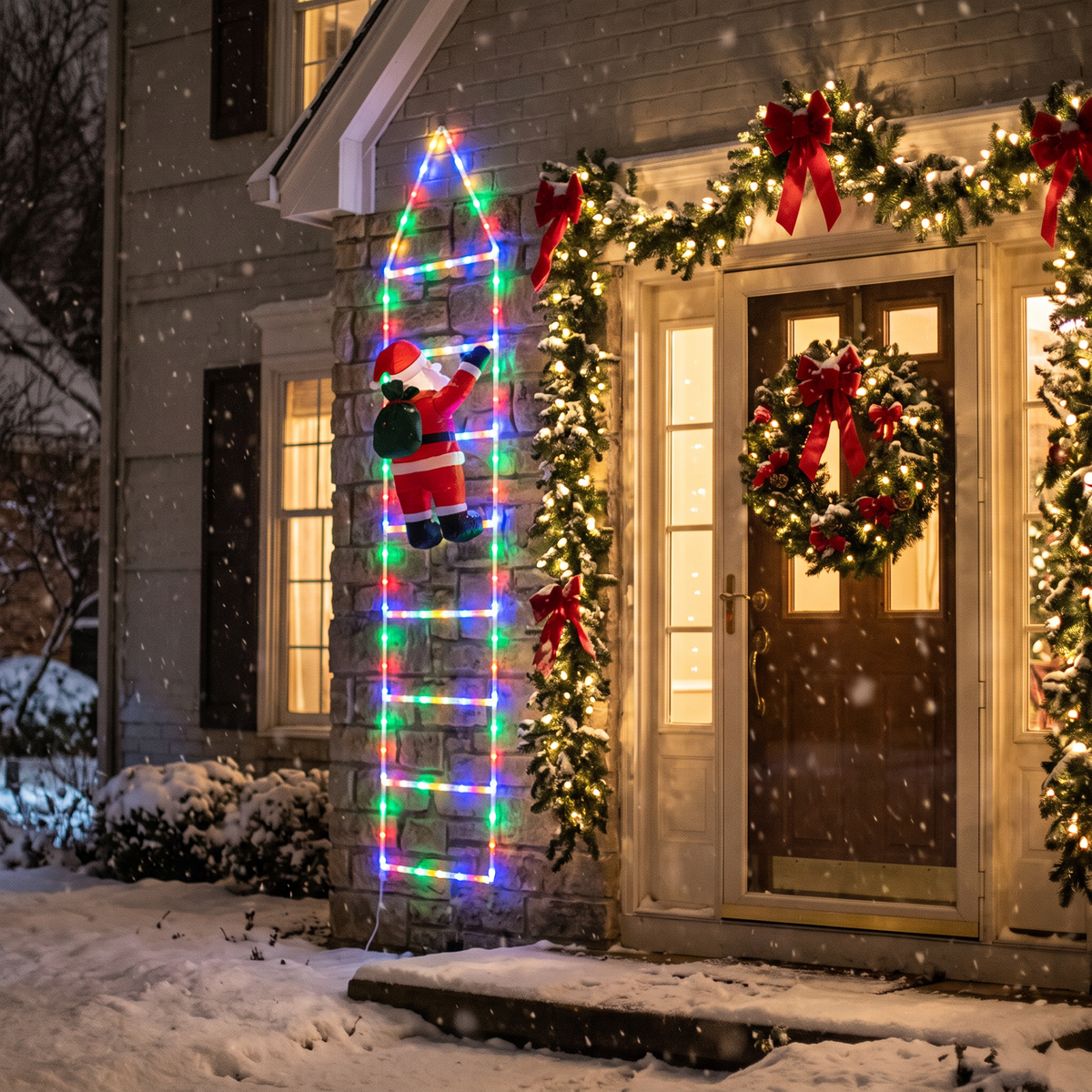 Santa ladder lights glowing on a house wall at night