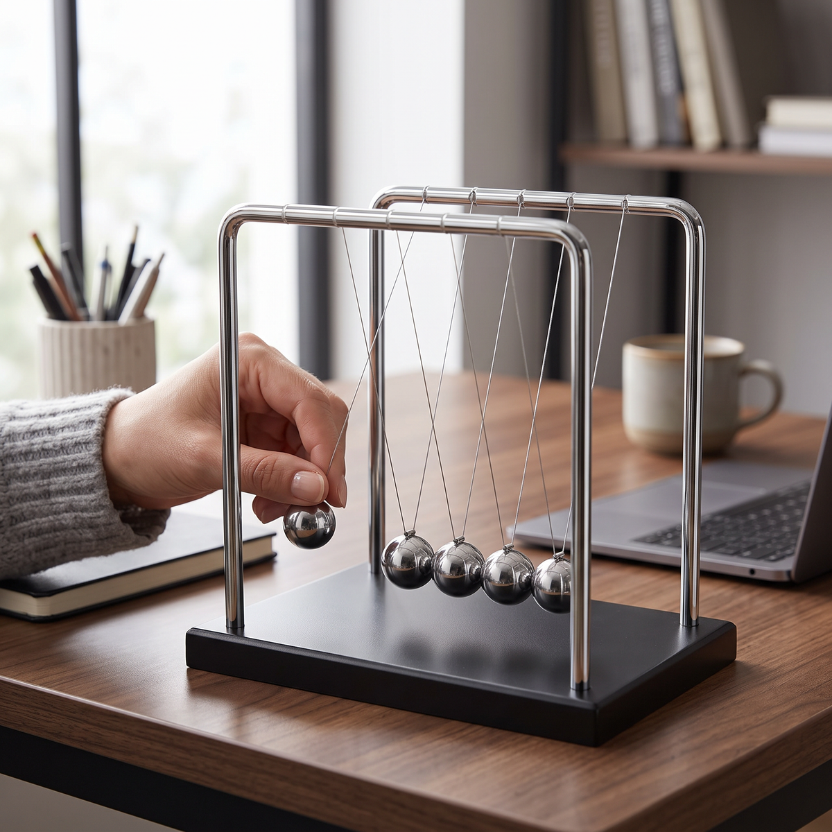 Hand releasing the end ball of the cradle at a desk