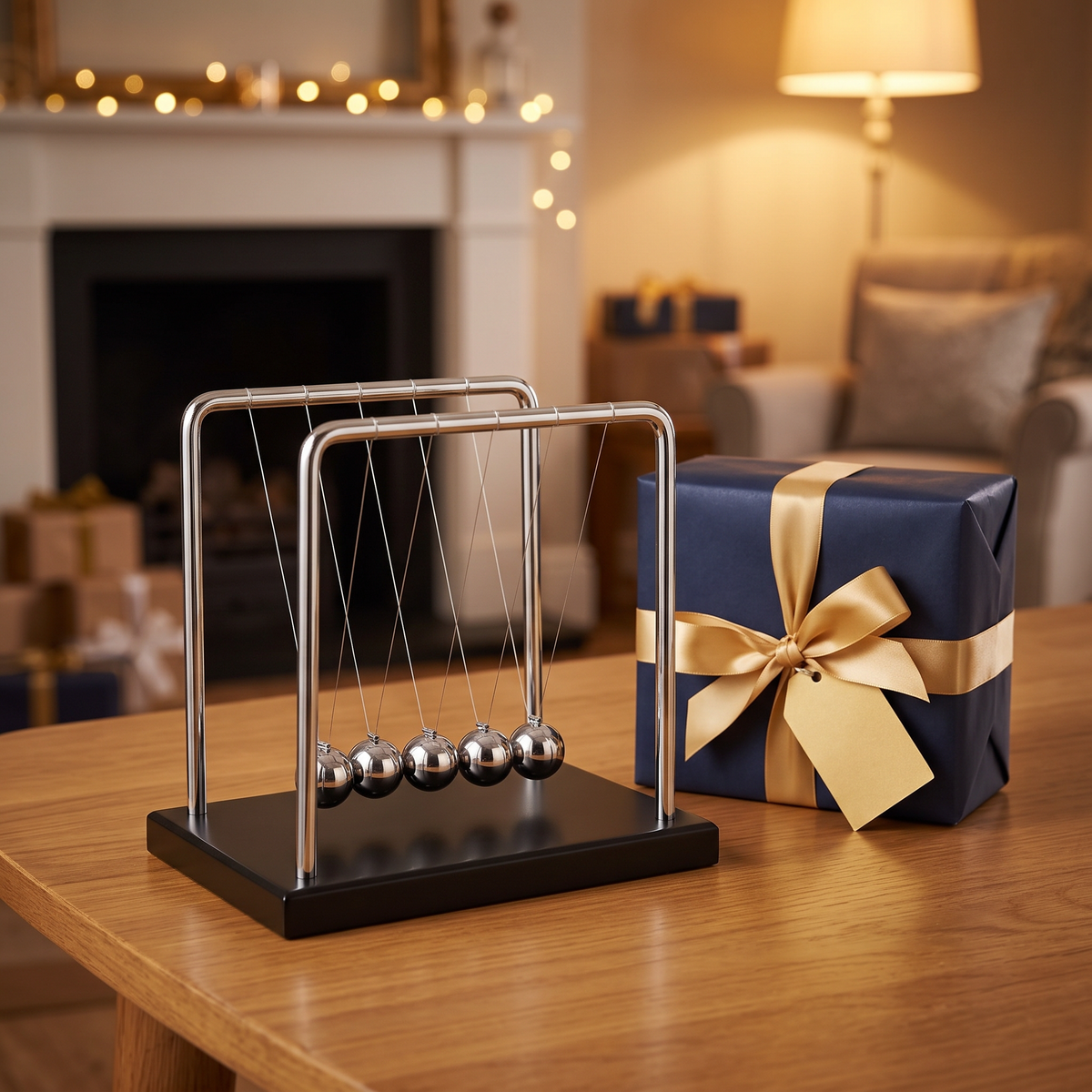 Newton's cradle presented as a gift with a wrapped box