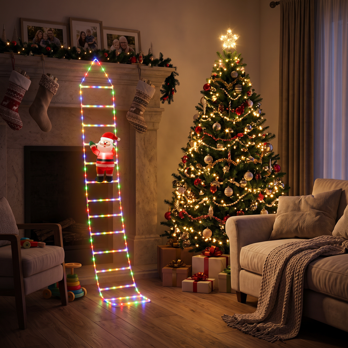 Ladder lights indoors beside a decorated Christmas tree