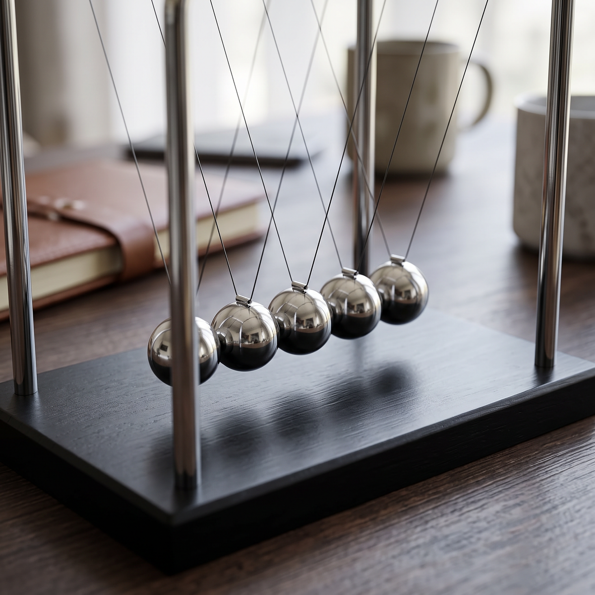 Close-up of the steel balls and black wooden base