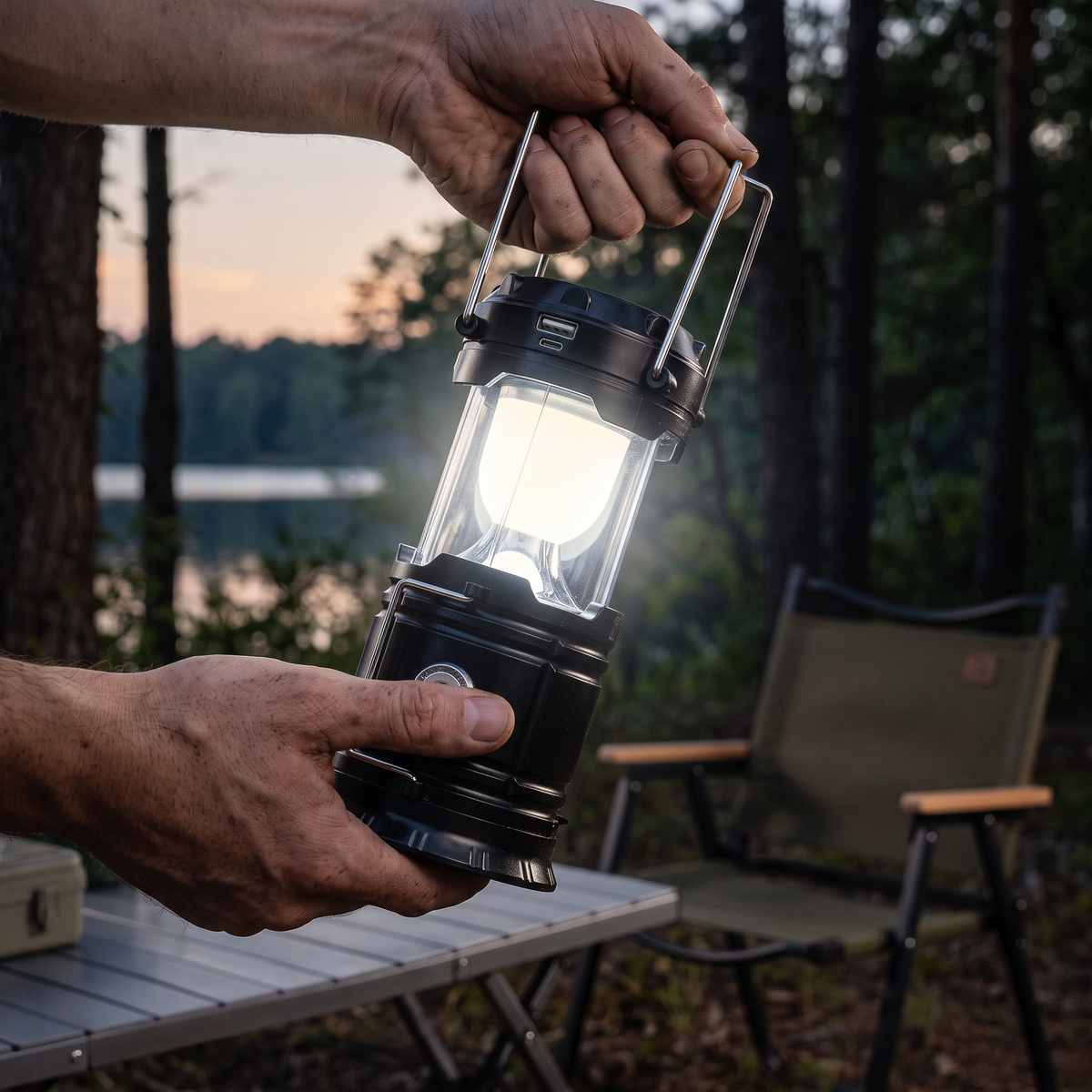 Hands pulling the lantern open to switch it on