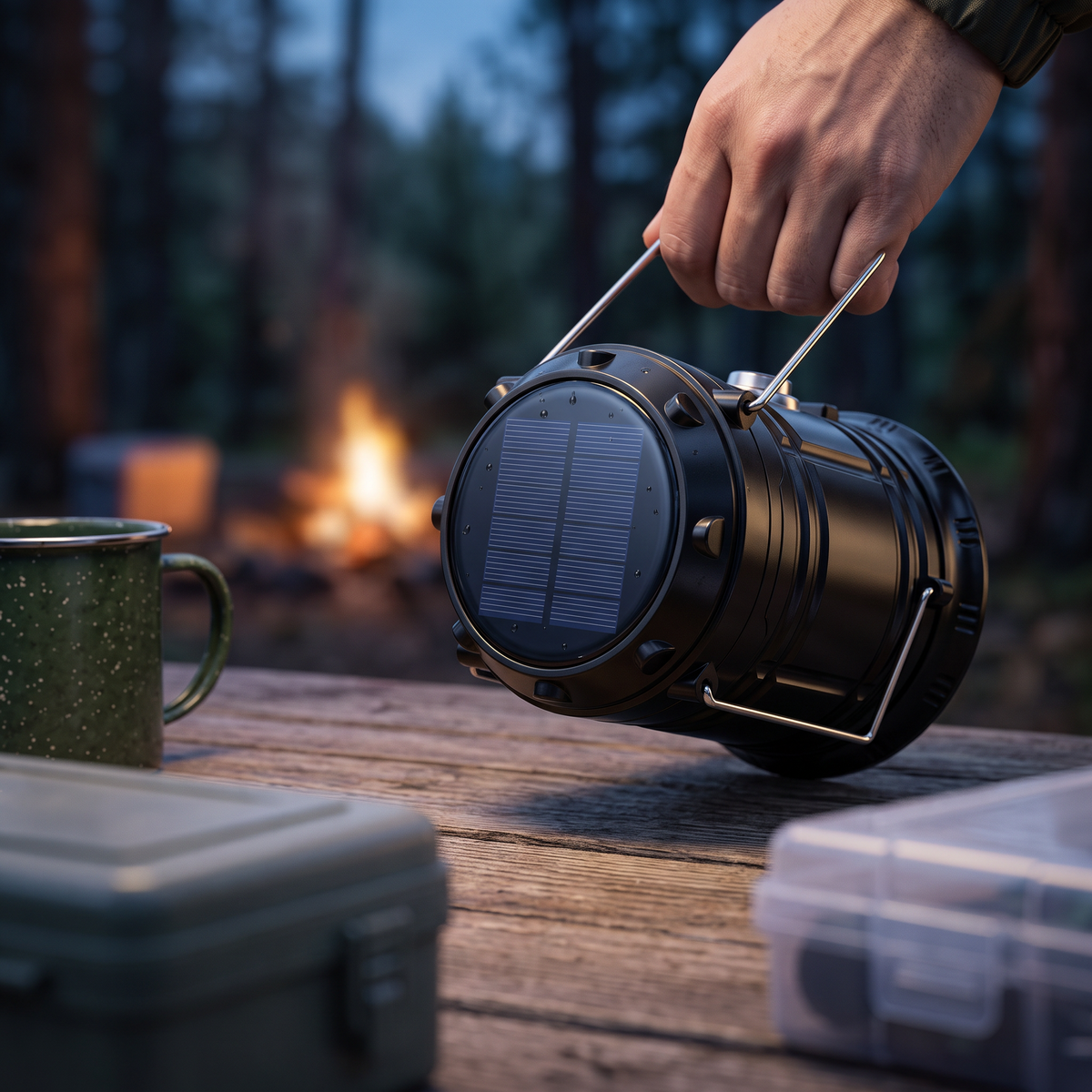 Close-up of the lantern body, solar panel and handle